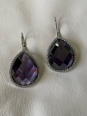 Sterling Silver Teardrop Earrings with Purple Crystal and Pavé CZ Halo